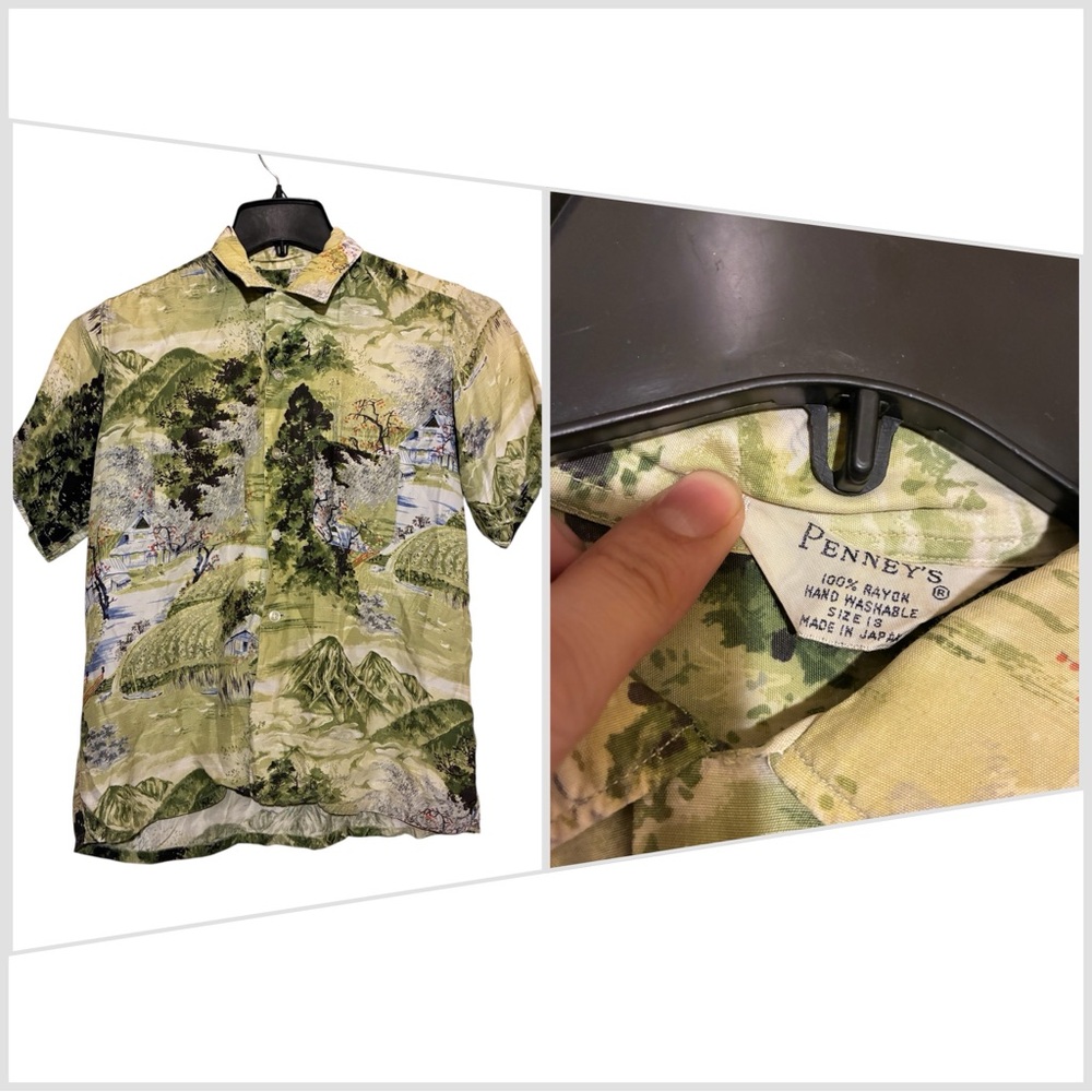 VTG Penney's Japan Rayon Shirt 50s Sz S Landscape Farmland Feudal Hawaiian Aloha